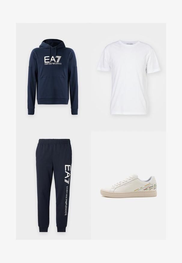 Marineblå hættejakke lavet af blødt stof, har en kængurulomme, ribbede manchetter og EA7 Emporio Armani-logoet på forsiden.; Hvid bomulds t-shirt med rund halsudskæring, korte ærmer og lige snit. Ingen mønstre eller udsmykninger, glat tekstur og enkel design.; Mørkeblå bomuldsjoggers med elastisk talje, indsnørede ben og kontrasterende hvide EA7- og Emporio Armani-logoer trykt langs siden.; Hvide lædersneakers med en glat overflade, der har farverige linjemønstre på hælen og en beige gummisål.