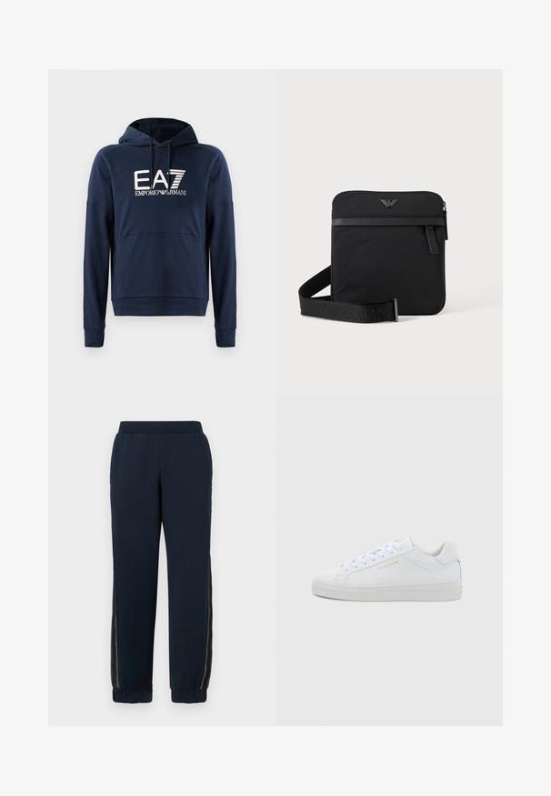 Sudadera azul marino hecha de tela suave, cuenta con un bolsillo canguro, puños acanalados y el logo de EA7 Emporio Armani en el frente.; Pantalones de chándal azul marino con una textura suave, puños ajustados y paneles laterales de malla. Cintura elástica para mayor comodidad y un ajuste casual.; Zapatillas bajas de cuero blanco con puntera redonda, cordones planos, suela texturizada y sutil marca dorada en el lateral. Superficie lisa y diseño minimalista.; Bolso de hombro negro cuadrado con cierre de cremallera, bolsillo delantero y correa ajustable con nombre de marca en relieve.