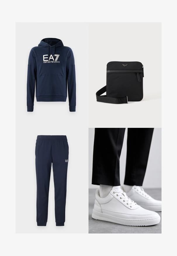Marineblå hættejakke lavet af blødt stof, har en kængurulomme, ribbede manchetter og EA7 Emporio Armani-logoet på forsiden.; Mørkeblå sweatpants med elastisk talje og manchetter. Har et lille hvidt logo på venstre ben. Fremstillet af et blødt, strækbart materiale.; Hvide lædersneakers med en flad gummisål, der har en glat overflade, rund tå og metaløjer til snørebånd. Bæret med sorte bukser.; Sort firkantet skuldertaske med lynlås, frontlomme og justerbar rem med præget brandnavn.