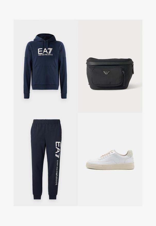 Marineblå hættejakke lavet af blødt stof, har en kængurulomme, ribbede manchetter og EA7 Emporio Armani-logoet på forsiden.; Mørkeblå bomuldsjoggers med elastisk talje, indsnørede ben og kontrasterende hvide EA7- og Emporio Armani-logoer trykt langs siden.; Hvide sneakers med en glat læderoverdel, beige snørebånd og en tekstureret beige ruskindsheel-tab. Hævet sål for ekstra højde.; Sort bæltetaske med frontlynlåslomme og sølv ørn-logo, glat stof med tekstureret kant og lynlåstræk.