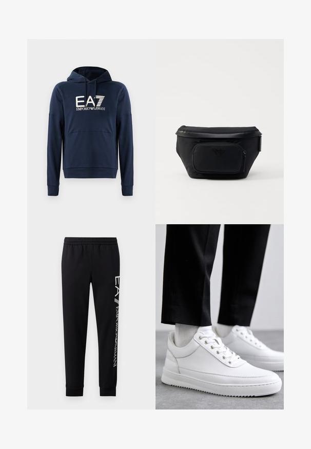 Námornícky modrá mikina s kapucňou vyrobená z mäkkej látky, s klokankou, pruhovanými manžetami a logom EA7 Emporio Armani na prednej strane.; Čierne tepláky vyrobené z bavlnenej zmesi, s elastickým pásom, zúženými nohavicami, ribovanými manžetami a bielym logom na boku.; Biele kožené tenisky s plochou gumovou podrážkou, s hladkým povrchom, okrúhlou špičkou a kovovými očkami na šnúrky. Nosené s čiernymi nohavicami.; Čierna nylonová taška s prednou zipsovou kapsou, s hladkým povrchom a akcentom loga. Štruktúrovaný dizajn s prehnutým vrchom.