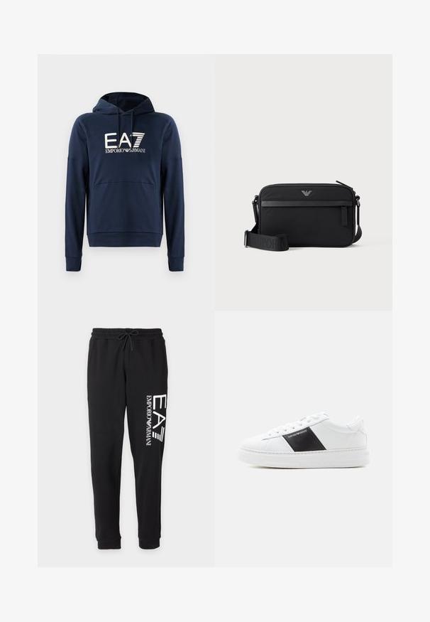 Námornícky modrá mikina s kapucňou vyrobená z mäkkej látky, s klokankou, pruhovanými manžetami a logom EA7 Emporio Armani na prednej strane.; Čierne teplákové nohavice s elastickým pásom a šnúrkou, s bielym vertikálnym logom "EA7 Emporio Armani" na jednej nohe.; Biela nízka teniska s čiernym bočným panelom a logom Emporio Armani, bielymi šnúrkami a hrubou bielou podrážkou na jednoduchom pozadí.; Čierna obdĺžniková crossbody taška s predným vreckom na zips, nastaviteľným popruhom a malým kovovým logom v hornej strede.