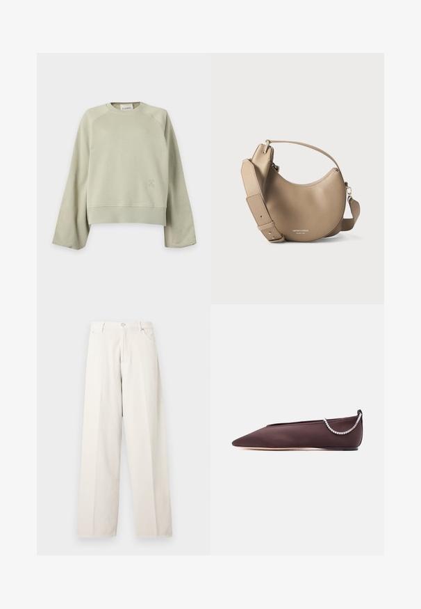 Sweat-shirt beige clair à col rond, manches longues et larges, poignets et ourlet côtelés, et petit logo discret sur le bas avant gauche.; Pantalon ample couleur blanc cassé avec passants de ceinture, bouton à l'avant, fermeture éclair et poches latérales, présenté sur un fond clair uni.; Chaussure plate marron foncé à bout pointu avec un petit talon et un détail chaîne en strass argentée à l'arrière.; Sac à main en cuir beige en forme de croissant avec une large bandoulière réglable et une petite poignée, embossé avec un texte de marque et de localisation argenté.
