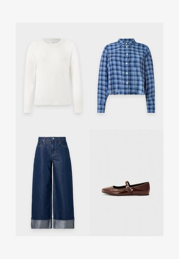 Hvid langærmet strikket sweater med ribbede manchetter, kant og rund halsudskæring på en ensfarvet hvid baggrund.; Blå og sort ternet langærmet cropped skjorte med spidse kraver og hvide knapper ned ad fronten på en hvid baggrund.; Vidbenede mørkeblå denimjeans med høj talje, fem-lomme design og opsmøgede kanter, der viser et lysere indre stof.; Brun patentlæder balletflade med firkantet tå og strop med en lille guldbuckle. Glat tekstur, lav hæl og minimalistisk design.