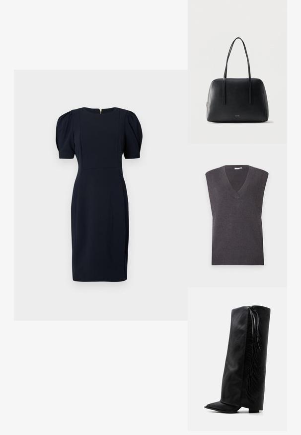 VILA VICHELLE V NECK OVERSIZED - Pullover - dark grey melange; Robe bleu marine à silhouette ajustée, manches courtes bouffantes et fermeture éclair dans le dos. En tissu lisse, avec des lignes épurées et un design minimaliste.; Botte noire en cuir montante jusqu’au genou avec bout pointu et franges décoratives le long du côté extérieur sur fond blanc uni.; Sac à main en cuir noir avec deux longues lanières d'épaule et petit logo Calvin Klein sur le devant, fond clair uni.