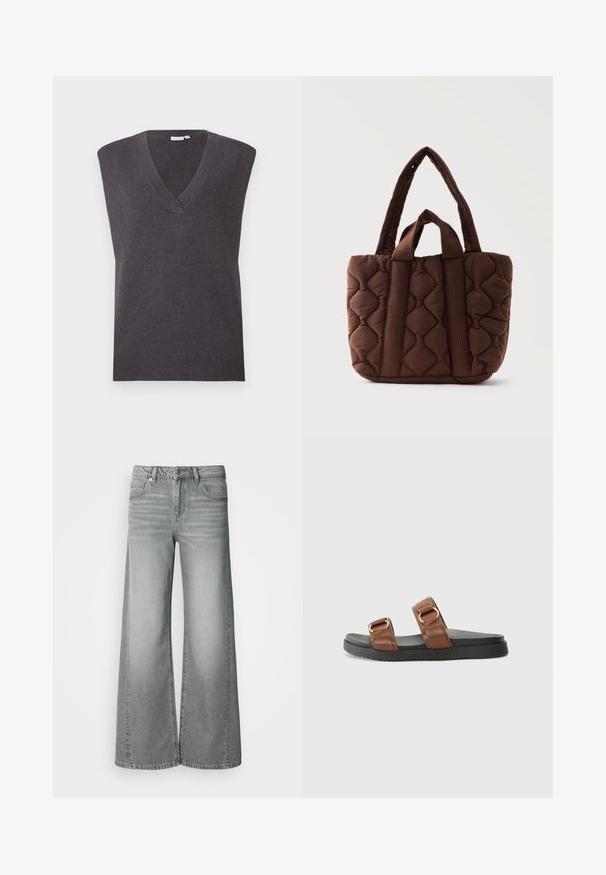 VILA VICHELLE V NECK OVERSIZED - Pullover - dark grey melange; Jean gris taille haute à jambes larges avec bouton et fermeture éclair à l'avant, poches avant et arrière, présenté sur un fond blanc uni.; Des sandales en cuir marron à glisser présentent deux larges lanières avec du matériel doré, reposant sur une semelle en caoutchouc noir texturé.; Sac cabas en tissu matelassé marron avec deux longues anses et deux courtes, présentant un motif de couture ondulé et une forme rectangulaire.