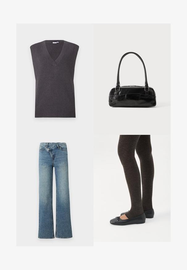 VILA VICHELLE V NECK OVERSIZED - Džemper - dark grey melange; Hele sinised denimmaterjalist laia säärega püksid kõrge vöökohaga, kergelt pleekinud ja ees nööpidega sulguvad. Omavad viit taskut ja minimaalset õmblust.; Jalad seljas tumedad soonelises soonelises kombines mustade baleriinadega, millel on väikesed paelade detailid valgel taustal.; Must must beebkott, millel on ristkülikuline kuju, ühekordne tahke käepide, hõbedased detailid ja lukuga sulgemine. Sile tekstuur.