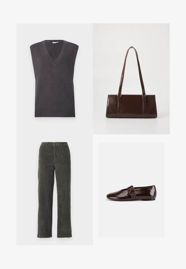 VILA VICHELLE V NECK OVERSIZED - Džemper - dark grey melange; Hallid korduroy püksid, millel on vöökoht, ees nööbiga kinnitus ja kaks küljetaskut. Sirge sääre disain ja ribatähn.; Tumepruun läikiva nahaga madal king, millel on suur kuldne pandlaga rihm ja ümardatud nina, nähtud külgprofiilis valgel taustal.; Pruun läikiv naha käekott, millel on ristkülikuline kuju, kaks pikka käepidet ja esipaneelil peened kõverad aktsendid.