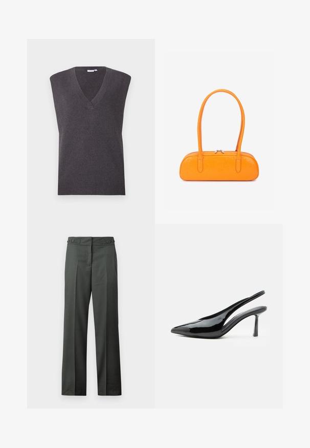 VILA VICHELLE V NECK OVERSIZED - Pullover - dark grey melange; Pantalon droit gris foncé avec plis à l’avant et taille ajustable avec boutons latéraux sur fond blanc.; Escarpin slingback en cuir verni noir à talon haut, bout pointu et talon aiguille fin sur fond blanc.; Petit sac à main orange vif avec longues anses, fermeture éclair et surface texturée sur fond blanc.
