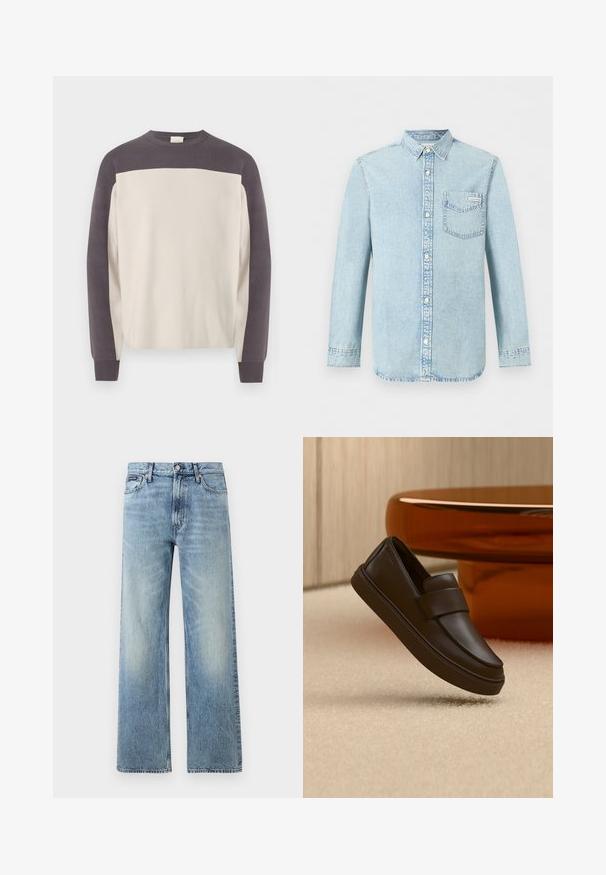 Pull à col rond à manches longues avec des épaules et des manches gris foncé, et un corps beige clair, présenté sur un fond blanc.; Chemise en denim bleu clair à manches longues, fermeture boutonnée devant, une poche poitrine simple avec le logo Calvin Klein, et un col pointu.; Jean droit en denim bleu clair avec taille haute, cinq poches, fermeture à boutons et léger délavage sur les cuisses et les genoux.; Une chaussure mocassin en cuir marron foncé flottant au-dessus d'un tapis crème avec une table ronde orange en arrière-plan.
