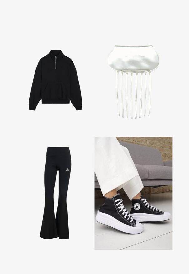 Zwarte sweatshirt met een hoge kraag, kwart ritssluiting en kangoeroezak. Voorzien van ribgebreide manchetten en zoom. Zachte stof met subtiele logo-detail.; Zwarte geribbelde flared legging met een brede tailleband, voorzien van een klein wit Adidas-logo aan de bovenste linkerkant. Zachte stoftextuur.; Zwarte hoge sneakers met witte rubberen zolen en veters. Voorzien van een ronde logo patch en contrasterende witte stiksels. Gemaakt van canvas.; Zilveren haarkam met acht dunne, gelijkmatig verdeelde tanden en een gladde, licht gebogen bovenkant.