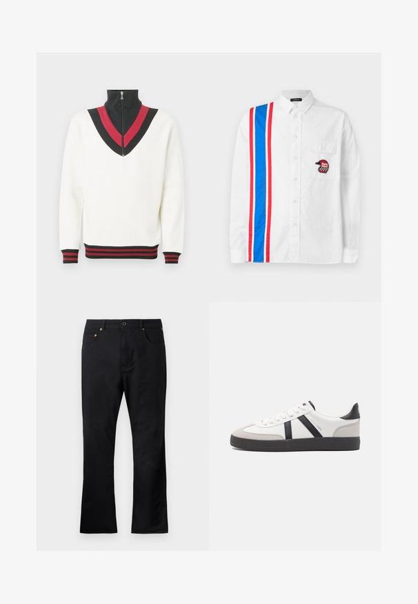 Hvid pullover med høj krave, der har et sort og rødt V-formet design på brystet samt kontrasterende ribstrikkede manchetter og kant.; Hvid skjorte med knapper, der har et blåt og rødt stribedesign på den ene side og et sort broderet hjelm-patch på brystlommen.; Sorte denimbukser med lige pasform, med forlommer, knaplukning og hardware i guldtoner. Glat tekstur.; Hvide sneakers med sorte og grå detaljer, med en tekstureret grå tåhætte, sort gummisål og flade hvide snørebånd. Rent design, minimalistisk stil.
