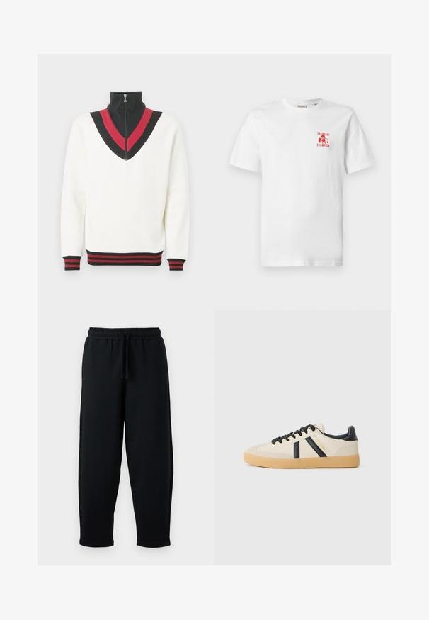 Jersey blanco con cuello alto, que presenta un diseño en forma de V en negro y rojo en el pecho y puños y dobladillo acanalados en contraste.; Camiseta de algodón blanca con un estampado gráfico rojo en el lado izquierdo del pecho, que representa a un boxeador con el texto "CAMPEÓN DE SHANGHAI". Mangas cortas.; Pantalones de chándal negros con cintura elástica y cordón. Hechos de una tela suave, con un corte holgado y un diseño de pierna con tapered.; Zapatillas casuales en crema con rayas negras, con parte superior texturizada y suela de goma. Los cordones son negros. Logo sutil en el costado.