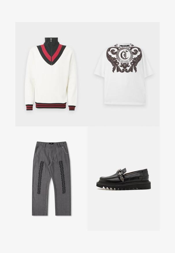 Jersey blanco con cuello alto, que presenta un diseño en forma de V en negro y rojo en el pecho y puños y dobladillo acanalados en contraste.; Camiseta blanca de manga corta con diseño grande de ornamentación negra y logotipo circular con serpiente entrelazada y texto "Just Cavalli" en el pecho.; Pantalones de cuadros grises con detalle de texto negro a lo largo de los lados, con un acento de cadena en la cintura. Diseño de pierna recta, tejido texturizado.; Mocasines de cuero negro con acentos en metal plateado, suela elevada en zigzag y un diseño elegante y redondeado; textura suave y acabado brillante.