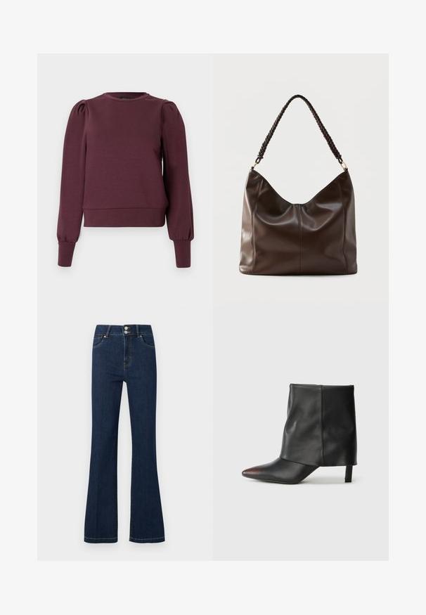 Sweat-shirt bordeaux avec manches longues bouffantes et poignets côtelés. Matière douce, encolure ronde et ourlet ajusté. Texture lisse.; Jean en denim bleu foncé avec taille haute, double bouton de fermeture, poches avant et jambes légèrement évasées.; Bottine noire en cuir lisse avec un bout pointu et un talon effilé. La tige présente un design légèrement froncé.; Sac à bandoulière en cuir brun foncé avec une poignée tressée et des coutures apparentes sur le devant.