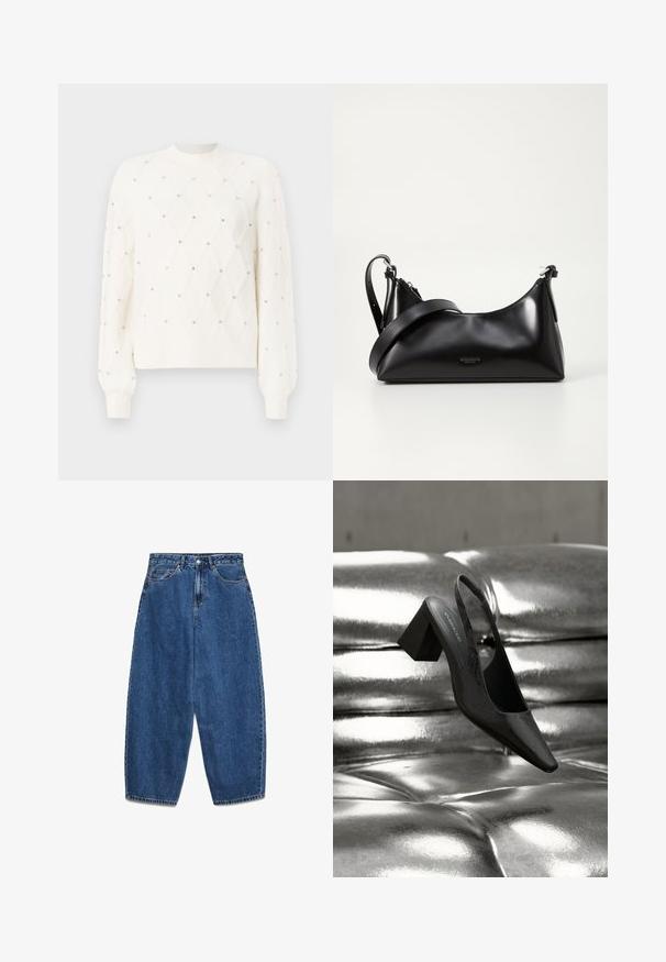 Pull en maille blanche avec un motif en diamant, orné de petits strass. Présente un col rond côtelé et des manches longues.; Jean en denim bleu avec taille haute, coupe décontractée et jambes droites. Design classique à cinq poches avec fermeture éclair et bouton.; Escarpin noir à bride arrière avec bout pointu, présentant une surface texturée et un talon bloc épais. Posé sur un fond métallique brillant.; Sac à main en cuir noir avec une texture lisse. Dispose d'une bandoulière adjustable et d'un design élégant et minimaliste avec une fermeture éclair.