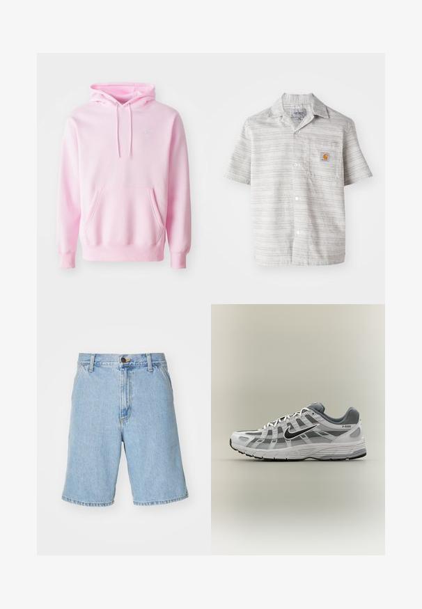 Rosa Kapuzenpullover aus Baumwollmischung, mit Kängurutasche, Zugbändern und einem kleinen weißen Nike-Logo auf der Brust.; Kurzarmhemd in Hellgrau mit vertikalen Streifen, Knopfleiste und einer Brusttasche mit einem kleinen orangefarbenen Logo. Baumwollmischgewebe.; Helle blaue Jeansshorts mit lockerer Passform, ausgestattet mit einem Reißverschluss, Knopfverschluss und vier Taschen. Der Stoff hat eine glatte Textur.; Weißer und grauer Nike P-6000 Sneaker mit schwarzem Swoosh, Netzpaneelen und strukturierter Sohle, seitlich auf neutralem Hintergrund dargestellt.