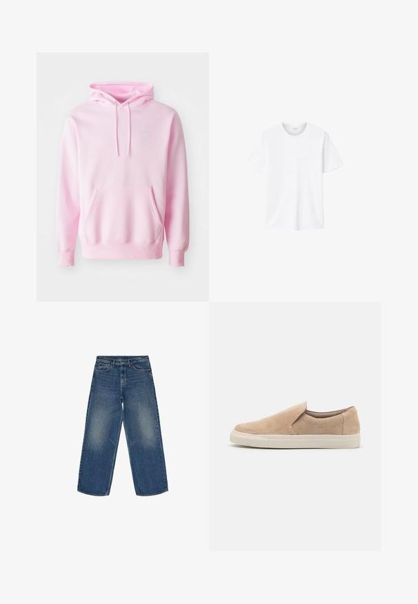 Vaaleanpunainen collegepaita, joka on valmistettu puuvillasekoitteesta. Siinä on kengurun tasku, nyörit ja pieni valkoinen Nike-logo rinnassa.; Valkoinen puuvillainen t-paita, jossa on lyhyet hihat, pyöreä pääntie ja hillitty logotyyli rinnassa. Pehmeä kangas ja rento istuvuus.; Valkoiset leveälahkeiset farkut keskisinisessä sävyssä. Valmistettu puuvillasta, jossa on haalistuneita kohtia, viiden taskun malli ja vetoketjukiinnitys nappisulkimella.; Beige liukos batai, pagaminti iš zomšos, su apvaliu pirštu, elastine šone ir balta guma apatine dalimi su tekstūruotais akcentais.
