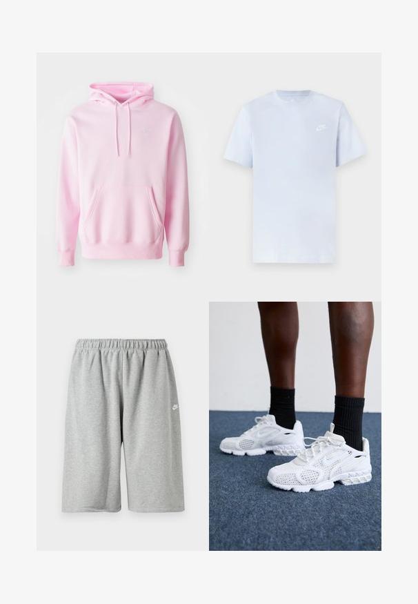 Pink hoodie lavet af en bomuldsblanding, med en kængurulomme, snoretræk og et lille hvidt Nike-logo på brystet.; Lyseblå bomulds t-shirt med korte ærmer, rund hals og et hvidt Nike-logo trykt på venstre bryst. Glat tekstur, simpelt design.; Grå bomuldsshorts med elastik i taljen, med løs pasform og et lille hvidt logo nær kanten. Glat tekstur, længde over knæet.; Hvide atletik-sko med mesh-overdel, teksturerede accenter og polstret sål. Parret med sorte ribbede ankelstrømper på en blå tæppebelagt overflade.