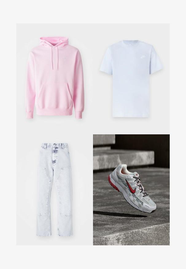 Ružová mikina z bavlnenej zmesi, s klokanním vreckom, šnúrkami a malým bielym logom Nike na hrudi.; Svetlomodré bavlnené tričko s krátkymi rukávmi, okrúhlym výstrihom a bielym logom Nike potlačeným na ľavej hrudi. Hladká textúra, jednoduchý dizajn.; Svetlo modré denimové rovné nohavice s náprsními vreckami, vysokým pásom a vyblednutým vzhľadom. Obsahuje tónové švíky a voľný strih.; Bielo-sivá bežecká topánka Nike s červenými detailmi a čiernymi šnúrkami, visiaca nad sivými betónovými schodmi.