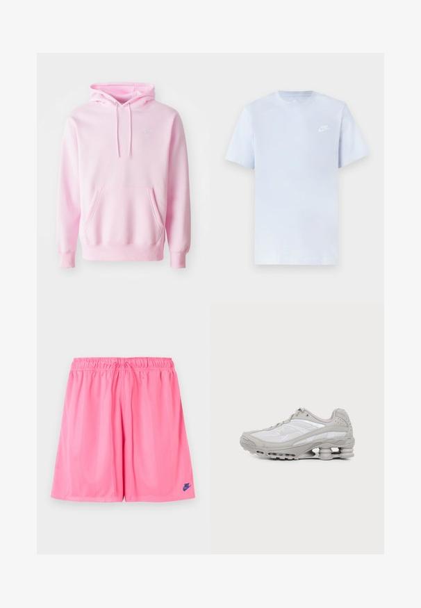 Pink hoodie lavet af en bomuldsblanding, med en kængurulomme, snoretræk og et lille hvidt Nike-logo på brystet.; Lyseblå bomulds t-shirt med korte ærmer, rund hals og et hvidt Nike-logo trykt på venstre bryst. Glat tekstur, simpelt design.; Lyserøde atletikshorts med elastisk linning og lille mørkeblå Nike-logo på venstre ben nederst.; Grå og hvid atletiksko med synlig luftpolstret sål og mesh-paneler, vist i profil på en ensartet lys baggrund.