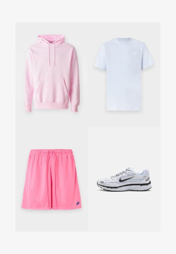 Rosa Kapuzenpullover aus Baumwollmischung, mit Kängurutasche, Zugbändern und einem kleinen weißen Nike-Logo auf der Brust.; Hellblaue Baumwoll-T-Shirt mit kurzen Ärmeln, Rundhalsausschnitt und einem weißen Nike-Logo, das auf der linken Brust gedruckt ist. Glatte Textur, schlichtes Design.; Rosa kurze Sporthose mit elastischem Bund und kleinem dunkelblauem Nike-Logo am unteren linken Bein.; Weißer Laufschuh mit Obermaterial aus Mesh, abgerundetem Zeh, schwarzen Akzenten und gemusterter Sohle. Verfügt über Schnürung und Branding an der Seite.