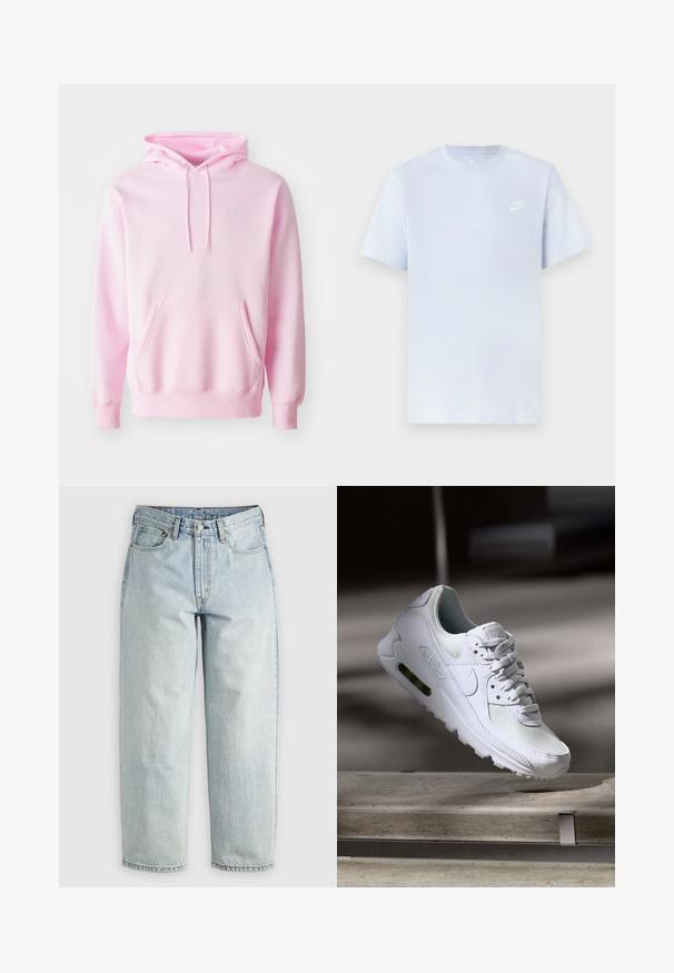 Ružová mikina z bavlnenej zmesi, s klokanním vreckom, šnúrkami a malým bielym logom Nike na hrudi.; Svetlomodré bavlnené tričko s krátkymi rukávmi, okrúhlym výstrihom a bielym logom Nike potlačeným na ľavej hrudi. Hladká textúra, jednoduchý dizajn.; Svetlomodré džínsy s rovnými nohavicami, piatimi vreckami a zapínaním na gombíky; majú vyblednuté miesta a jemné švy.; Biele tenisky Nike Air Max 90 s vrchnou časťou z kože a sieťoviny, perforovanou špičkou a viditeľnou vzduchovou jednotkou v päte.