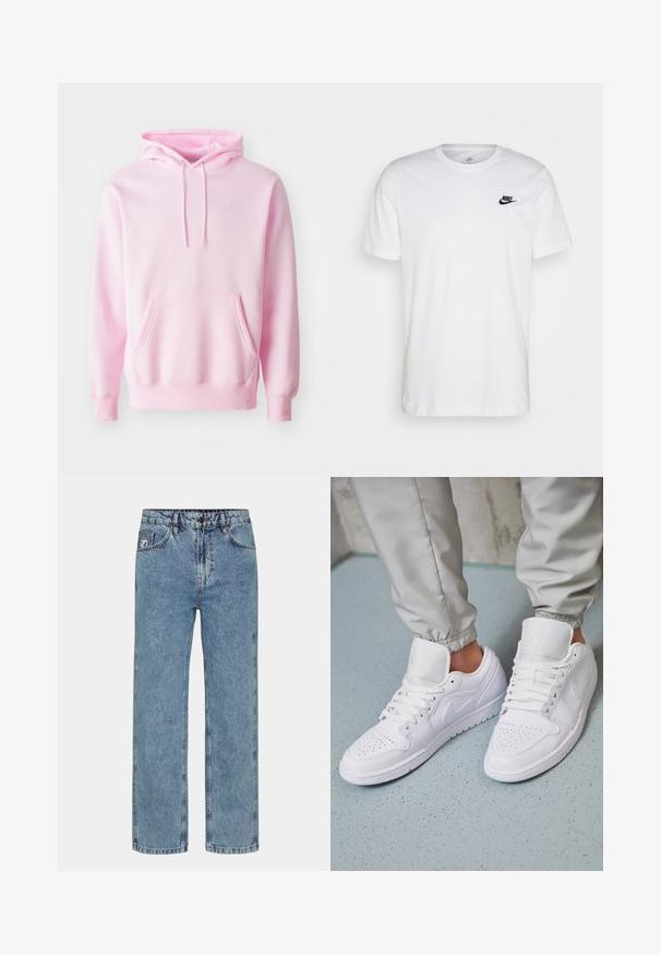 Roze hoodie van een katoenmix, met een kangoeroezak, trekkoorden en een klein wit Nike-logo op de borst.; Witte katoenen t-shirt met ronde hals, korte mouwen en een zwart Nike-logo op de linkerkant van de borst. Eenvoudig, effen kleur ontwerp.; Lichtblauwe rechte jeans van denimstof, met een knoopsluiting, vijf zakken en contrasterend stiksel.; Witte leren sneakers met een geperforeerde neus, platte veters, een gepolsterde kraag en het Jordan-logo op de tong. Gediend met grijze joggers.