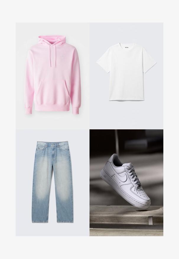 Rosa Kapuzenpullover aus Baumwollmischung, mit Kängurutasche, Zugbändern und einem kleinen weißen Nike-Logo auf der Brust.; Weißes T-Shirt mit kurzen Ärmeln und Rundhalsausschnitt, flach liegend, schlichtes Design, mit „WEEKDAY“-Etikett innen im Kragen auf hellem Hintergrund.; Hellblaue Straight-Leg Denim-Jeans mit verblassten vorderen Oberschenkeln, Fünf-Taschen-Stil, Knopfverschluss und Gürtelschlaufen.; Weißer Nike Air Force 1 Sneaker aus Leder mit perforierter Zehenpartie, flachen Schnürsenkeln und strukturierter Gummisohle mit "AIR"-Branding an der Seite.