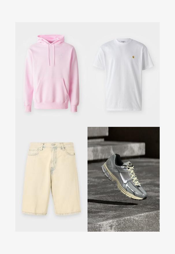 Ružová mikina z bavlnenej zmesi, s klokanním vreckom, šnúrkami a malým bielym logom Nike na hrudi.; Biele bavlnené tričko s krátkymi rukávmi, okrúhlym výstrihom, s malým zlatým logom na ľavej strane hrude. Mäkká textúra a normálny strih.; Béžové rifľové šortky s predným zapínaním na gombík a zips, s pútkami na opasok a dvoma prednými vreckami, zobrazené na bielom pozadí.; Sivo-béžová bežecká obuv Nike s bielymi šnúrkami a veľkým bielym logom, umiestnená tak, akoby sa vznášala nad betónovou plochou.
