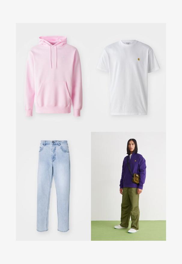Sudadera rosa hecha de una mezcla de algodón, con un bolsillo tipo canguro, cordones y un pequeño logo de Nike blanco en el pecho.; Camiseta de algodón blanca con mangas cortas, cuello redondo, que presenta un pequeño logo dorado en la parte izquierda del pecho. Textura suave y corte regular.; Vaqueros de mezclilla de color azul claro con corte recto, que presentan un cierre de botones, bolsillos laterales y un dobladillo limpio sin adornos.; Jordan AIR JORDAN 1 ZM CMFT 2 - Zapatillas altas - summit white/bicoastal/oxidized green