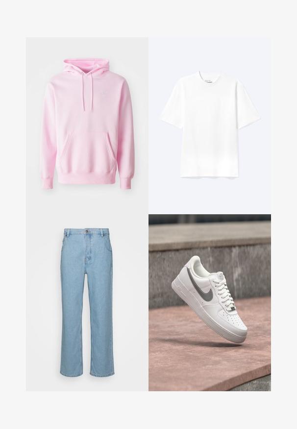 Rosa Kapuzenpullover aus Baumwollmischung, mit Kängurutasche, Zugbändern und einem kleinen weißen Nike-Logo auf der Brust.; Schlichtes weißes T-Shirt mit kurzen Ärmeln und Rundhalsausschnitt in entspannter Passform, auf hellem Hintergrund dargestellt.; Helle blaue Denim-Jeans mit geradem Bein, ausgestattet mit einem Knopfverschluss, Gürtelschlaufen und zwei Vorderstaschen.; Weißer Nike Air Force 1 Sneaker mit grauem Swoosh-Logo, der über einer Steinoberfläche und einem grauen Steinwandhintergrund schwebt.
