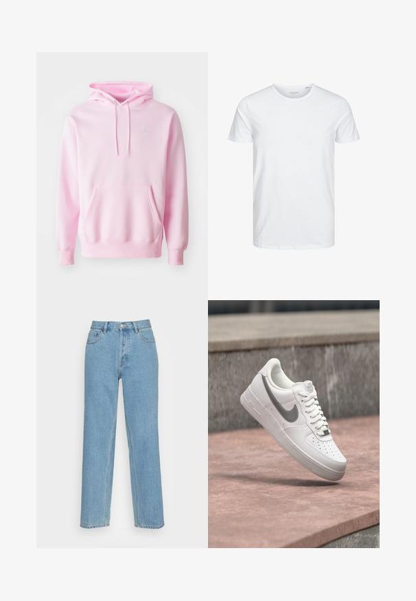 Rosa Kapuzenpullover aus Baumwollmischung, mit Kängurutasche, Zugbändern und einem kleinen weißen Nike-Logo auf der Brust.; Rundhals-T-Shirt mit kurzen Ärmeln in reinem Weiß, aus weicher Baumwolle, mit einem schlichten Design ohne sichtbare Muster oder Akzente.; Helle blaue gerade geschnittene Jeans aus Denim mit einem klassischen Fünf-Taschen-Design, einem vorderen Knopfverschluss und sichtbaren Nähdetails.; Weißer Nike Air Force 1 Sneaker mit grauem Swoosh-Logo, der über einer Steinoberfläche und einem grauen Steinwandhintergrund schwebt.