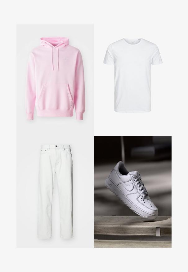 Ružová mikina z bavlnenej zmesi, s klokanním vreckom, šnúrkami a malým bielym logom Nike na hrudi.; Tričko s okrúhlym výstrihom a krátkym rukávom v čistej bielej farbe, vyrobené z jemnej bavlny, má jednoduchý dizajn bez viditeľných vzorov alebo akcentov.; Biele džínsy z denimovej látky so strihaním rovného strihu, dizajnom s piatimi vreckami, zapínaním na gombík a jemnými švami. Hladká textúra a minimalistický štýl.; Biely kožený teniska Nike Air Force 1 má perforovanú špičku, ploché šnúrky a štruktúrovanú gumovú podrážku s nápisom „AIR“ na boku.