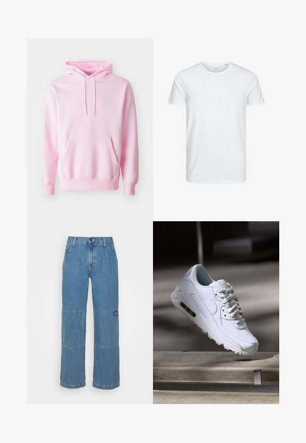 Pink hoodie lavet af en bomuldsblanding, med en kængurulomme, snoretræk og et lille hvidt Nike-logo på brystet.; Rundhals kortærmet t-shirt i ensfarvet hvid, lavet af blød bomuld, har et simpelt design uden synlige mønstre eller detaljer.; Lysblå denim jeans med en afslappet pasform, der har patchwork-paneler, knaplukning i toppen, fem-lomme design og subtil branding på benet.; Hvide lædersneakers med teksturerede overflader, polstret krave og synlig luftpolstring i sålen. Har snørrebånd og et minimalistisk design.