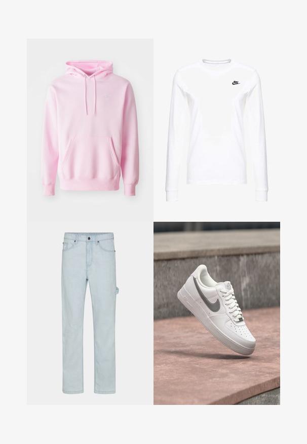 Pink hoodie lavet af en bomuldsblanding, med en kængurulomme, snoretræk og et lille hvidt Nike-logo på brystet.; Hvid langærmet T-shirt lavet af bomuld, med et lille sort Nike-logo på venstre bryst og en rund halsudskæring. Glat tekstur.; Lysblå denimjeans, lige skåret, med knaplukning, fem lommer og sideløkker for ekstra funktionalitet.; Hvid Nike Air Force 1 sneaker med gråt swoosh-logo svævende over en stensurface og en grå stenvæg i baggrunden.