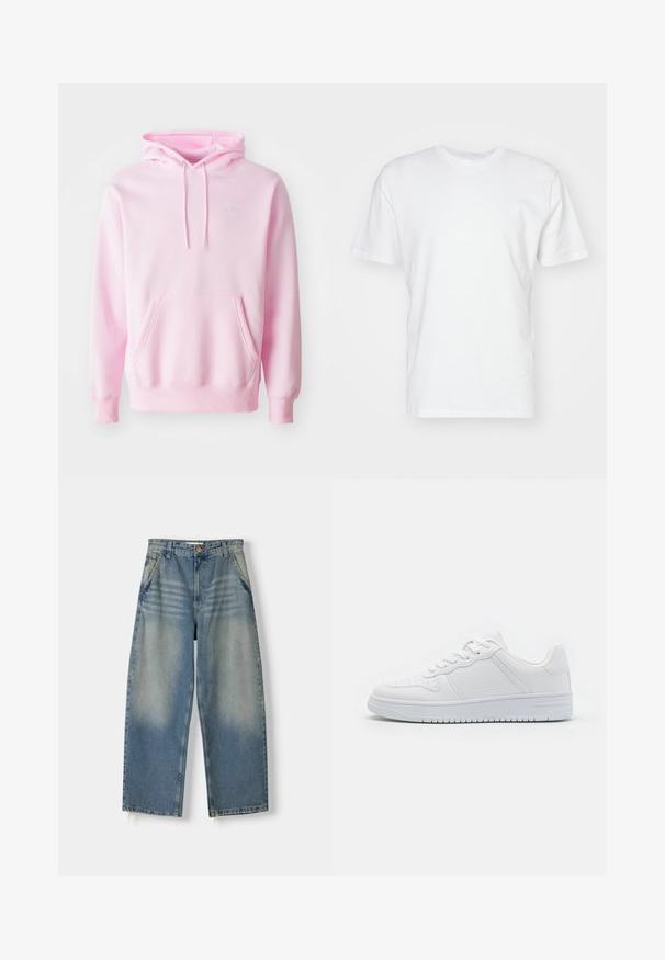Vaaleanpunainen collegepaita, joka on valmistettu puuvillasekoitteesta. Siinä on kengurun tasku, nyörit ja pieni valkoinen Nike-logo rinnassa.; Valkoinen puuvillapaita, jossa on lyhyet hihat, pyöreä kaula-aukko ja sileä pinta. Yksinkertainen muotoilu ilman kuvioita tai graafisia elementtejä.; Vaaleansiniset farkut, joissa on leveä lahje ja haalistunut pinta, viisi taskua ja raaka helma. Edessä napitus ja vetoketjukiinnitys.; Valkoiset tennarit, jotka on valmistettu sileästä synteettisestä materiaalista. Niissä on litteät nauhat, rei'itetty varvas sekä kumipohja, jossa on teksturoitu pito.