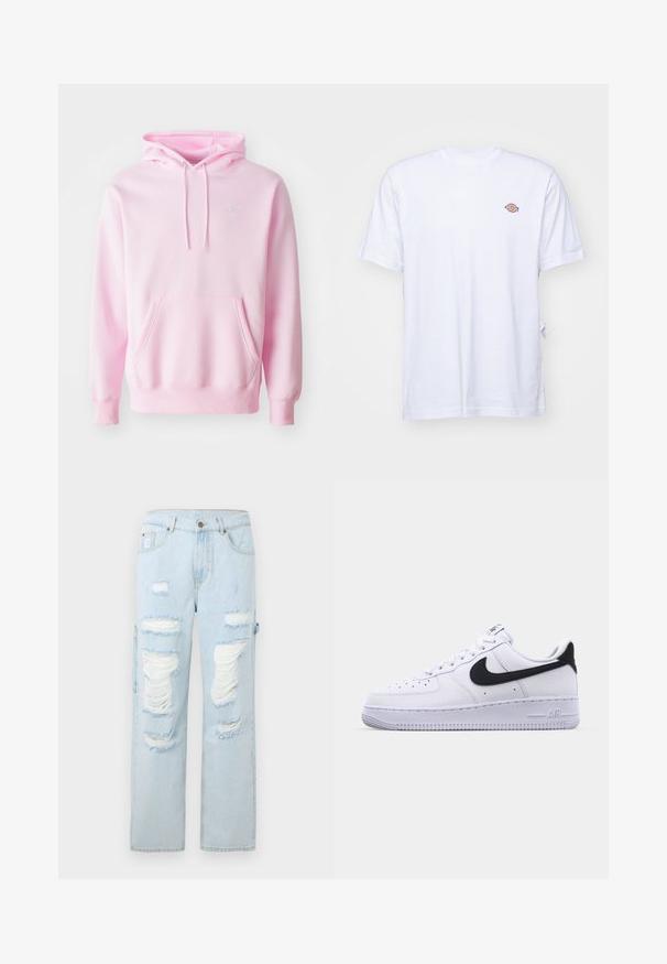Rosa Kapuzenpullover aus Baumwollmischung, mit Kängurutasche, Zugbändern und einem kleinen weißen Nike-Logo auf der Brust.; Weißes Baumwoll-T-Shirt mit V-Ausschnitt und kurzen Ärmeln. Besitzt ein kleines, buntes, gesticktes Logo auf der linken Brustseite. Weiches Material.; Hellblaue Jeans aus Denim mit mehreren großen, ausgefransten Löchern und fransigen Kanten an den Oberschenkeln und Knien, im geraden Schnitt.; Weißes Leder-Sneaker mit einem strukturierten schwarzen Swoosh, flachen Schnürsenkeln und einer Gummisohle mit genoppetem Muster. "AIR" ist auf der Ferse eingeprägt.