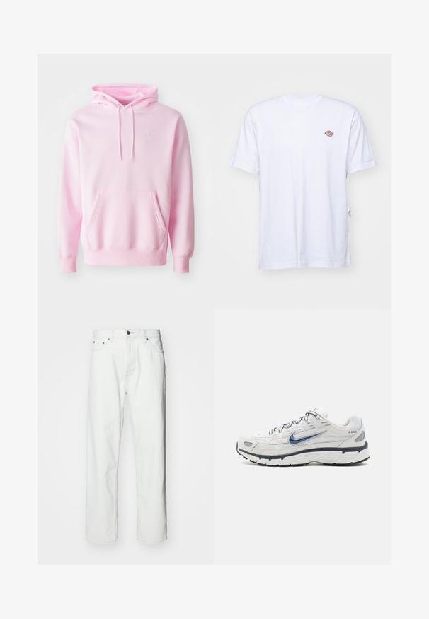 Ružová mikina z bavlnenej zmesi, s klokanním vreckom, šnúrkami a malým bielym logom Nike na hrudi.; Biela bavlnená tričko s výstrihom do V a krátkymi rukávmi. Má malé farebne vyšívané logo na ľavej strane hrudi. Mäkká textúra.; Biele džínsy z denimovej látky so strihaním rovného strihu, dizajnom s piatimi vreckami, zapínaním na gombík a jemnými švami. Hladká textúra a minimalistický štýl.; Nike Sportswear P 6000 - Tenisky - phantom/obsidian/summit white/white/black/metallic silver