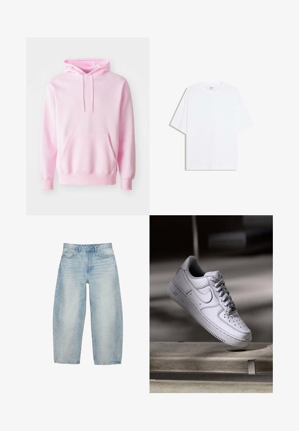 Rosa Kapuzenpullover aus Baumwollmischung, mit Kängurutasche, Zugbändern und einem kleinen weißen Nike-Logo auf der Brust.; Weißes, übergroßes Baumwoll-T-Shirt mit rundem Ausschnitt und kurzen Ärmeln; glatte Textur, keine sichtbaren Muster oder Akzente.; Hellblaue Jeans mit weitem Bein, vorn Taschen, Gürtelschlaufen und Knopfverschluss.; Weißer Nike Air Force 1 Sneaker aus Leder mit perforierter Zehenpartie, flachen Schnürsenkeln und strukturierter Gummisohle mit "AIR"-Branding an der Seite.
