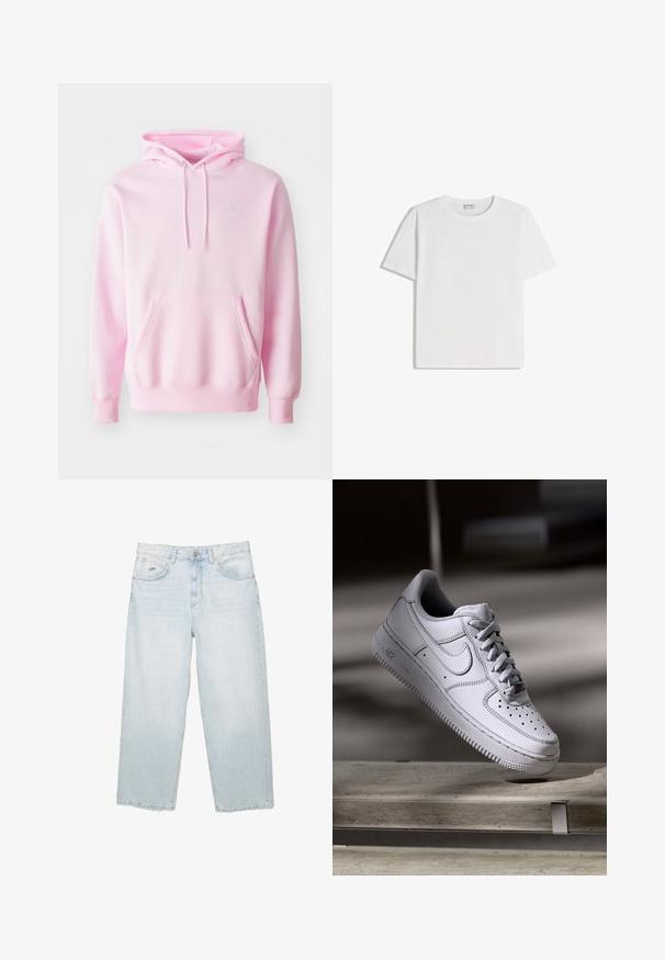 Pink hoodie lavet af en bomuldsblanding, med en kængurulomme, snoretræk og et lille hvidt Nike-logo på brystet.; Hvid bomuld T-shirt med rund halsudskæring og korte ærmer. Har en klassisk, firkantet form uden synlige mønstre eller detaljer.; Lysblå højtaljede straight-leg jeans med frontknap, lommer og lille mærket metalmærke på den højre forlommer.; Hvid læder Nike Air Force 1 sneaker med perforeret tå, flade snørebånd og tekstureret gummisål med "AIR" branding på siden.