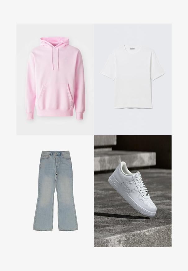 Rosa Kapuzenpullover aus Baumwollmischung, mit Kängurutasche, Zugbändern und einem kleinen weißen Nike-Logo auf der Brust.; Schlichtes weißes T-Shirt mit kurzen Ärmeln und Rundhalsausschnitt, mit einem kleinen "WEEKDAY"-Etikett an der Innenseite des Rückenkragens, auf einer flachen Oberfläche liegend dargestellt.; Helleblaue Schlagjeans aus Denim. Verfügt über fünf Taschen, einen Knopfverschluss und kontrastierende Nähte entlang der Nähte.; Weißer Nike Air Force 1 Sneaker mit geprägten Sternmustern und einem metallischen Stern-Schnürsenkelanhänger, der über einer Betonoberfläche schwebt.