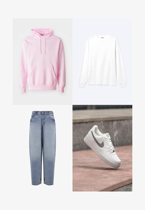 Ružová mikina z bavlnenej zmesi, s klokanním vreckom, šnúrkami a malým bielym logom Nike na hrudi.; Jednofarebná biela košeľa s dlhým rukávom, okrúhlym výstrihom a rebrovanými manžetami, zobrazená na neutrálnom svetlom pozadí.; Modré rifle z denimu s vysokým pásom, voľným strihom, prednými vreckami, pútkami na opasok, zapínaním na gombíky a vyblednutými detailmi pozdĺž nôh.; Biela teniska Nike Air Force 1 so sivým logom swoosh, ktorá visí nad kamenným povrchom a sivou kamennou stenou v pozadí.