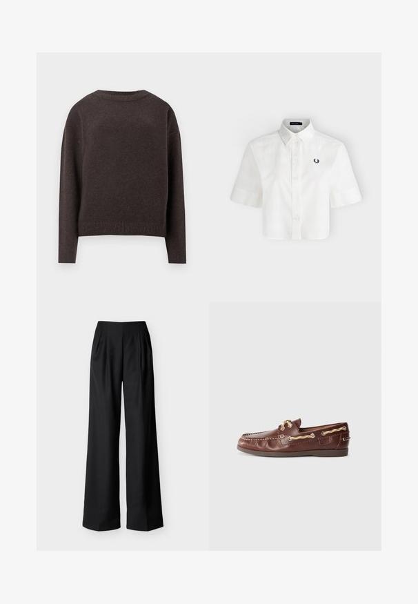 Mørkebrun crewneck sweater med lange ærmer samt ribbede manchetter og nederste kant, vist fra ryggen på en hvid baggrund.; Hvid kortærmet skjorte med knapper, krave og lille sort laurbærkrans-logo på venstre bryst.; Sorte bukser med høj talje, vide ben, for-ploer og sidelommer, vist mod en ensfarvet lys baggrund.; Brune læder bådsko med gyldent hardware, syet detaljer og en flad gummisål. Har snørebånd gennem øjer og et logo på siden.