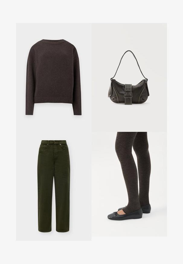 Un pull ras-du-cou brun foncé avec des manches longues et des poignets et un ourlet côtelés, vu de dos sur un fond blanc.; Pantalon droit en velours côtelé vert foncé avec poches avant, passants pour ceinture et fermeture par bouton, présenté à plat sur un fond clair.; Jambes portant des leggings côtelés foncés associés à des ballerines noires avec de petits détails en nœud sur fond blanc.; Sac à épaule en cuir noir avec une sangle à boucle, des bords arrondis et des coutures blanches contrastées sur un fond uni.