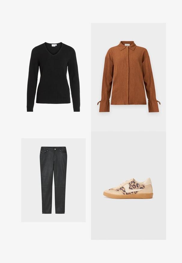 Schwarzer V-Ausschnitt-Pullover aus weichem Material, mit langen Ärmeln, geripptem Saum und Bündchen sowie einem einfachen und klassischen Design.; Braune, texturierte Bluse mit langen Ärmeln, spitzem Kragen, verdeckten Vorderknöpfen und gebundenen Manschetten vor einfarbigem Hintergrund.; Schwarze Lederhose in Slim-Fit mit Frontknopf, fünf Taschen und Reißverschlüssen am Knöchel vor einfachem hellgrauem Hintergrund.; Löwenmuster-Sneaker mit beige Wildleder-Obermaterial, tanfarbener Gummisohle und weißen Akzenten. Runde Zehenform und Schnürdesign mit strukturiertem Finish.