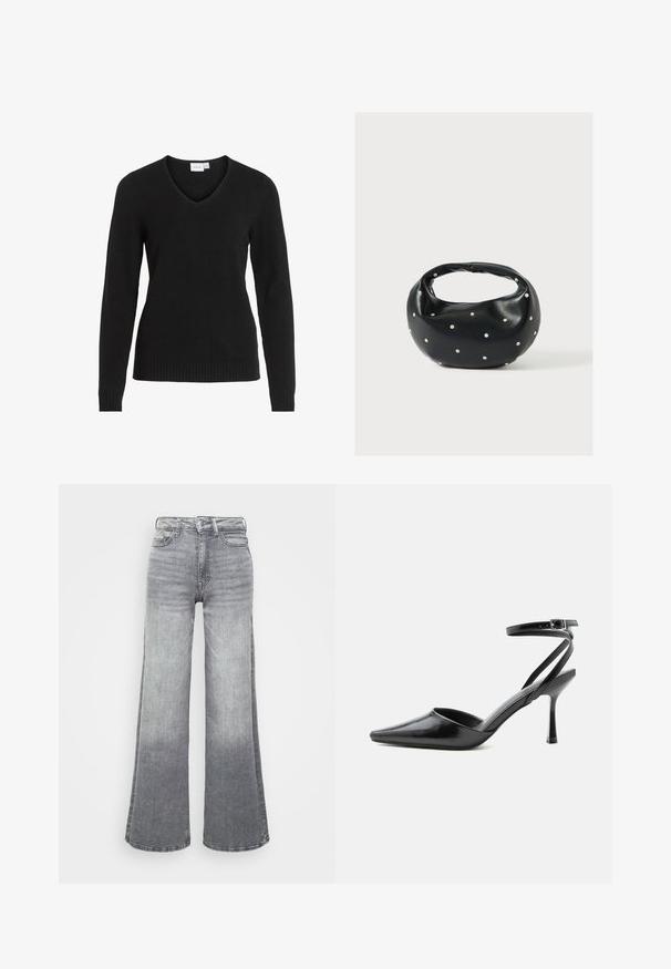 Zwarte V-hals trui van zachte stof, met lange mouwen, ribbels aan de zoom en manchetten, in een eenvoudig en klassiek ontwerp.; Grijze denim wijde pijpen jeans met een licht naar donker verloop, voorzien van een hoge taille, vijf zakken en een klassieke knoopsluiting.; Zwarte pumps met puntige neus, dunne enkelbandjes en een zilveren gesp op een effen lichte achtergrond.; Zwarte leren handtas met een afgeronde vorm, versierd met zilveren studs, en een korte handgreep. Gladde textuur en ritsluiting.
