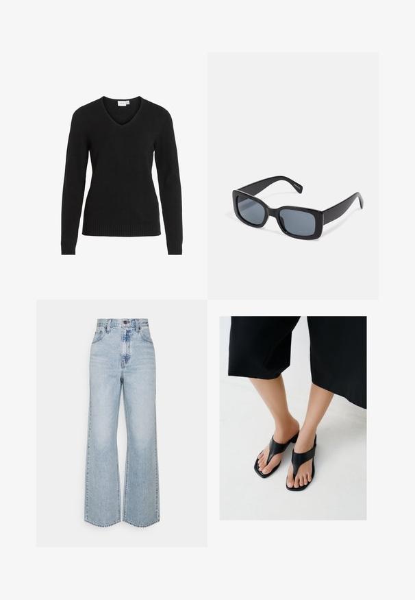 Schwarzer V-Ausschnitt-Pullover aus weichem Material, mit langen Ärmeln, geripptem Saum und Bündchen sowie einem einfachen und klassischen Design.; Helle blaue Jeans im weiten Schnitt mit hoher Taille, klassischem Fünf-Taschen-Design und kontrastierenden Nähten. Unfinished Saum am unteren Ende.; Füße, die schwarze Sandalen mit quadratischer Spitze und breiten Riemen tragen, kombiniert mit kurzen schwarzen Hosen auf einem hellen Boden.; Schwarze rechteckige Sonnenbrille mit dunkel getönten Gläsern, dickem Kunstrahmen und breiten Bügeln. Glatte Oberfläche und kantiges Design.