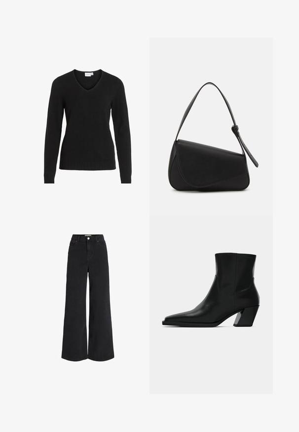 Schwarzer V-Ausschnitt-Pullover aus weichem Material, mit langen Ärmeln, geripptem Saum und Bündchen sowie einem einfachen und klassischen Design.; Weite schwarze Jeans aus Denim mit Fünf-Taschen-Design, hoher Taille und Knopfverschluss. Verfügt über dezente Nähte und eine saubere Verarbeitung.; Schwarze Leder-Stiefelette mit spitzem Zeh, schlanker Silhouette und klobigem quadratischem Absatz. Glatte Textur mit minimalen Nähdetails.; Schwarze Lederhandtasche mit dreieckiger Form, schrägem Klappdeckel und rundem Oberhandgriff. Verfügt über eine glatte Textur und minimalistische Designdetails.