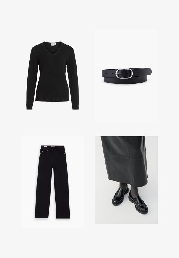 Schwarzer V-Ausschnitt-Pullover aus weichem Material, mit langen Ärmeln, geripptem Saum und Bündchen sowie einem einfachen und klassischen Design.; Schwarze Denim-Jeans mit geradem Schnitt, fünf Taschen, Kupferbeschlägen und einer glatten Textur. Zwei Etiketten sind am Bund sichtbar.; Schwarze Lederloafers mit glatter Oberfläche, verziert mit einem dekorativen Riemen, runder Zehenpartie und texturierten Sohlen. Getragen mit einem langen schwarzen Lederrock.; Schwarzer Leder Gürtel mit glatter Textur, ovaler silberner Metallschnalle und mehreren Einstelllöchern entlang des Riemens. Flaches, minimalistisches Design.